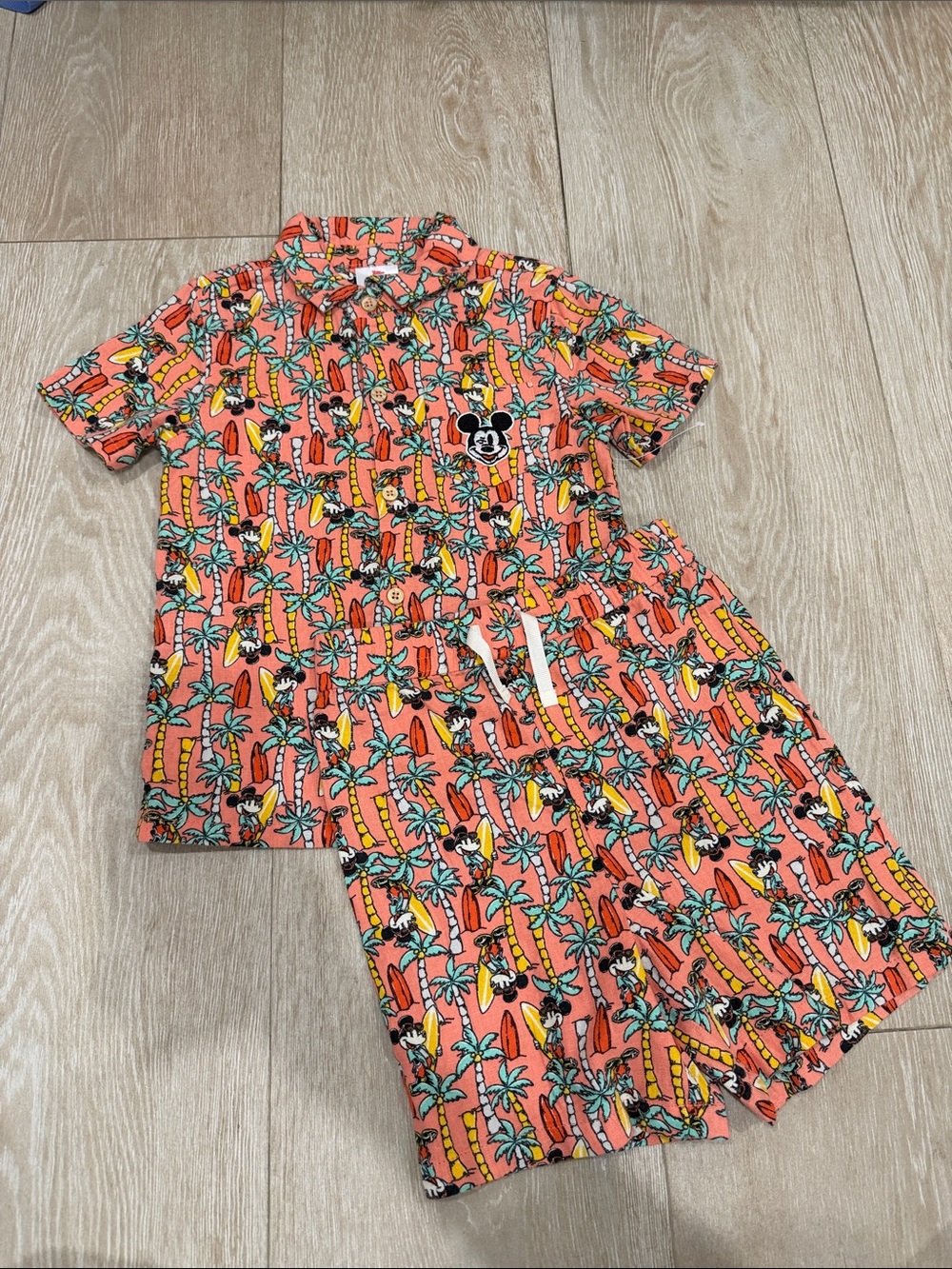 Disney Coral Mickey Mouse Linen Tropical Beach Print Kids 2 Piece Set